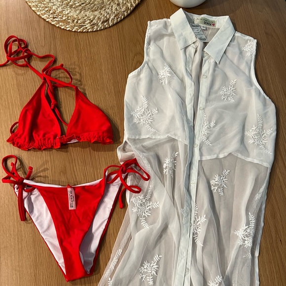 Red Bikini Set with Sheer White Cover-Up bundle SIZE SMALL - Picture 1 of 4